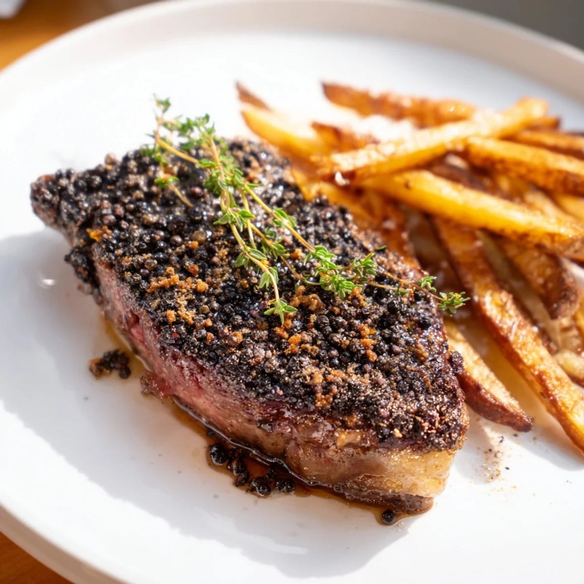 Juicy Classic Peppercorn Ribeye alongside those crispy fries, imagine the sizzling sound and delicious aroma.