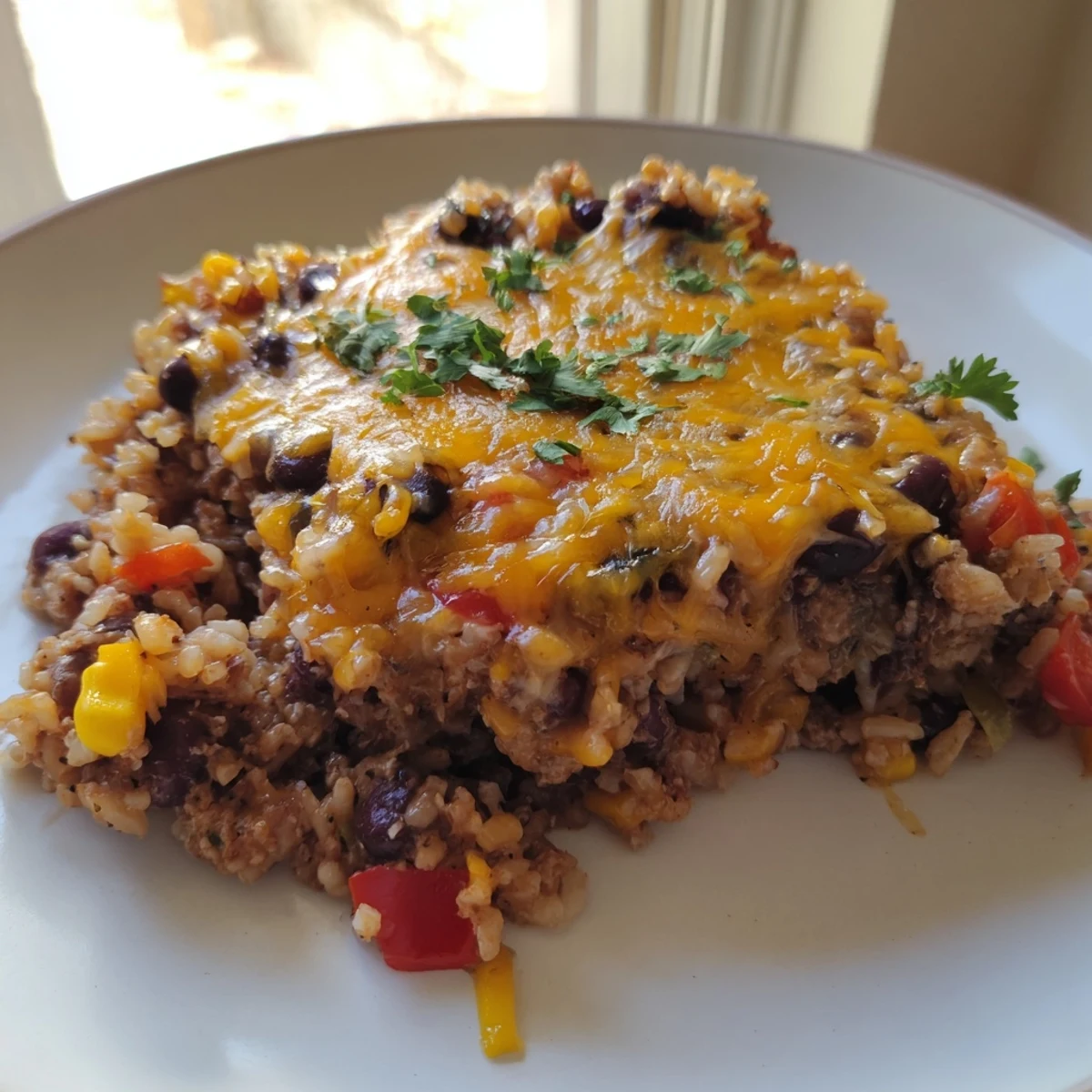 Golden, cheesy Tex-Mex Beef & Rice Casserole, a comforting main dish with seasoned ground beef and rice.