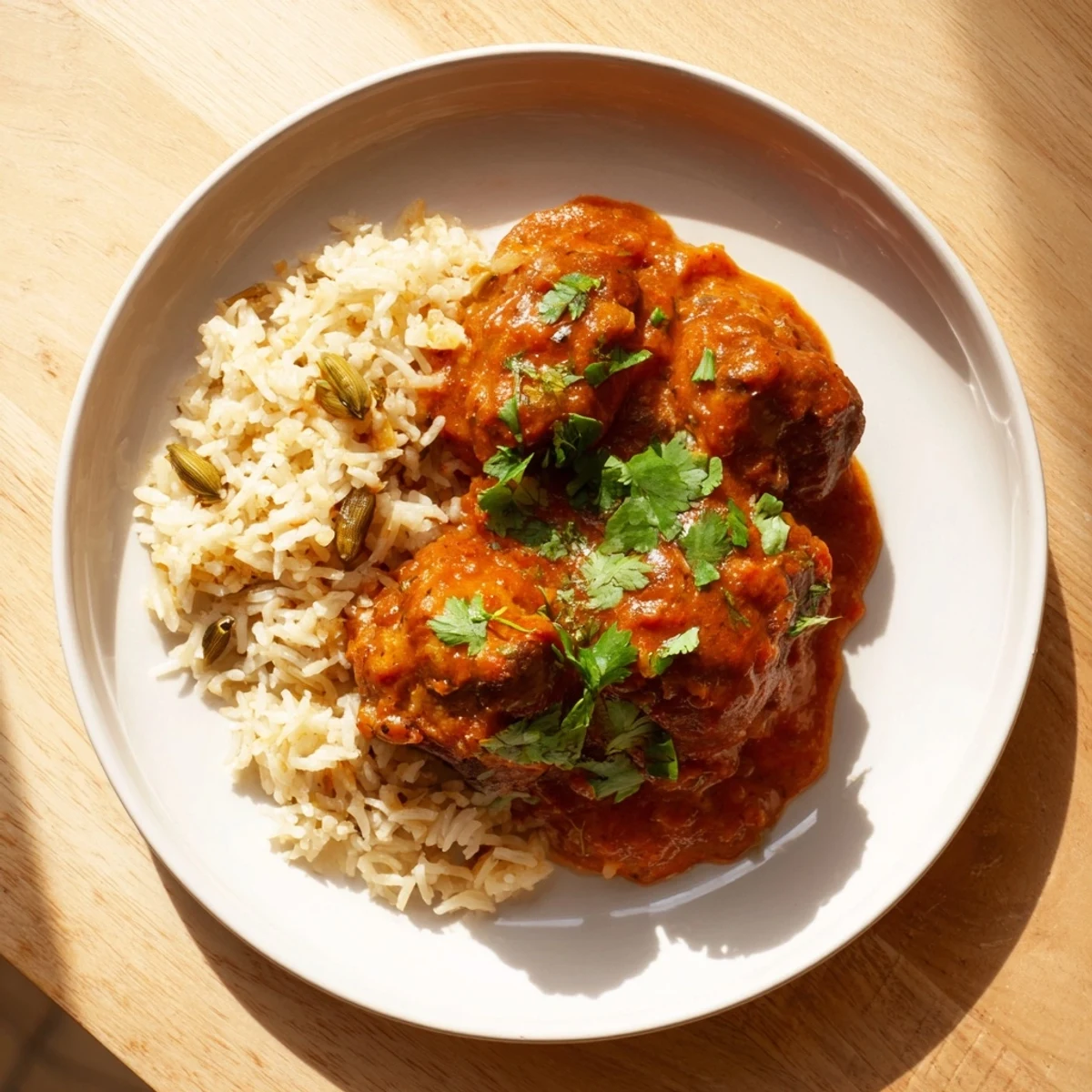 Butter Chicken & Rice Pilaf: Picture of creamy chicken stew next to fluffy, fragrant rice, ready to serve.