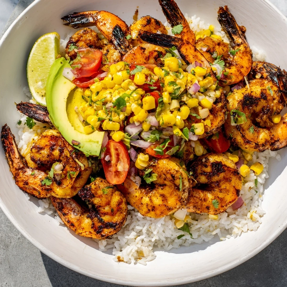 Grilled shrimp bowl overflowing with colorful avocado corn salsa and tender, juicy shrimp.
