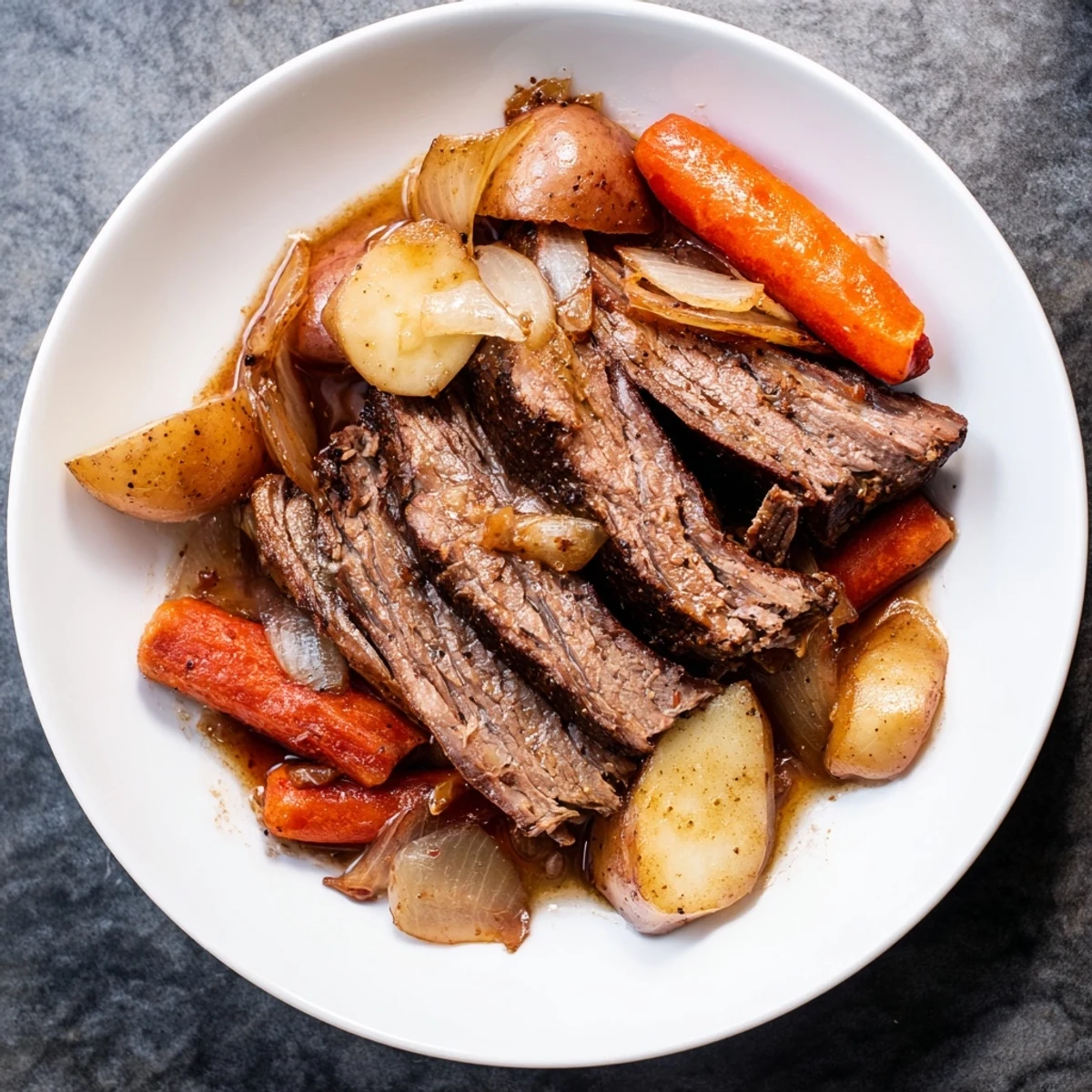 Slow-cooked Sunday Pot Roast with tender beef and roasted vegetables, ready to serve and enjoy.