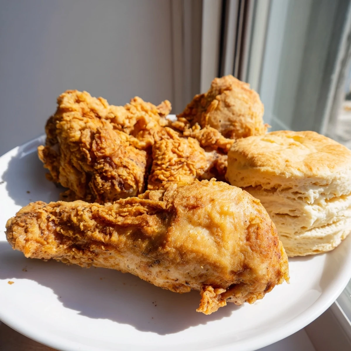 Golden, crispy Southern Fried Chicken with Buttermilk Biscuits ready to eat, served on a platter.