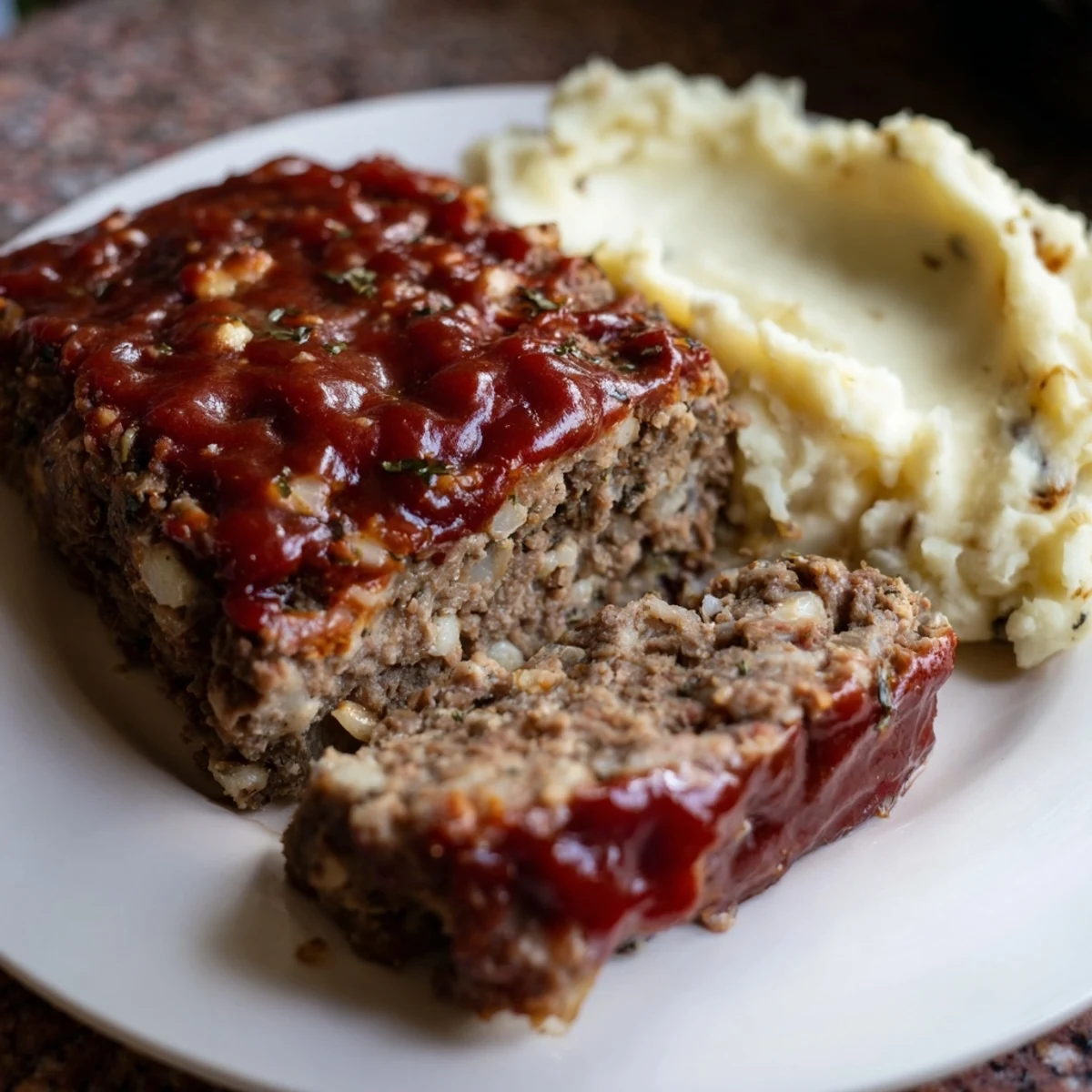 Juicy Classic Meatloaf & Mashed Potatoes, steaming hot and ready for a satisfying family dinner.
