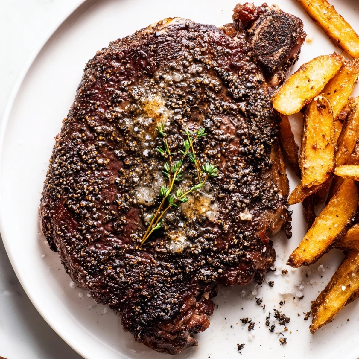 Rich, savory Classic Peppercorn Ribeye served with a creamy sauce and crunchy fries, a full plate.