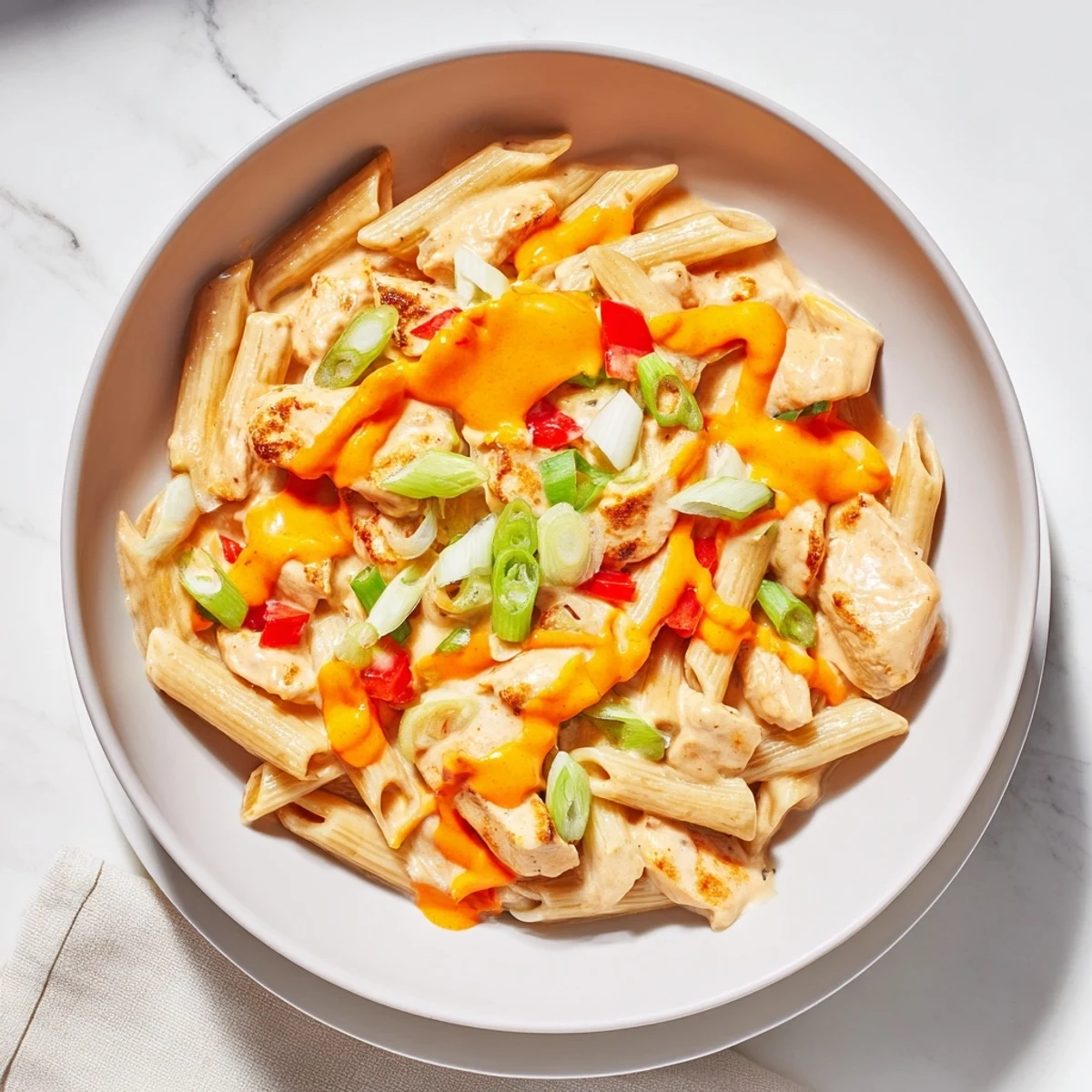 Golden-brown chicken pieces and melted cheese topping the flavorful Buffalo Chicken Pasta Skillet.