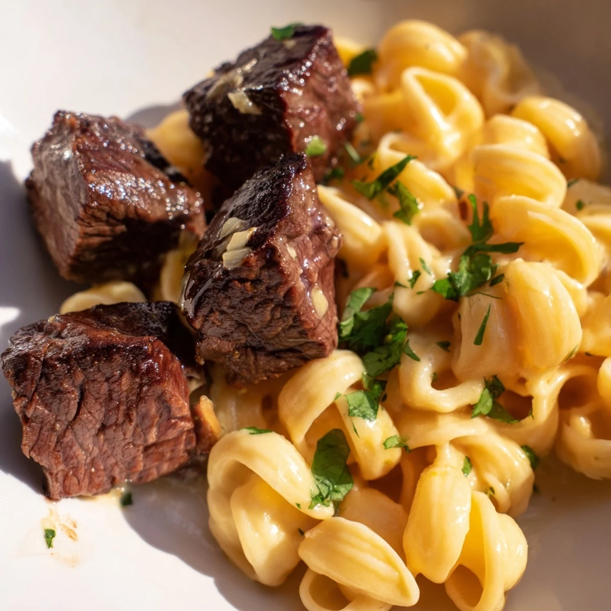 Garlic butter steak bites glistening from the skillet, served alongside creamy, cheesy pasta shells.