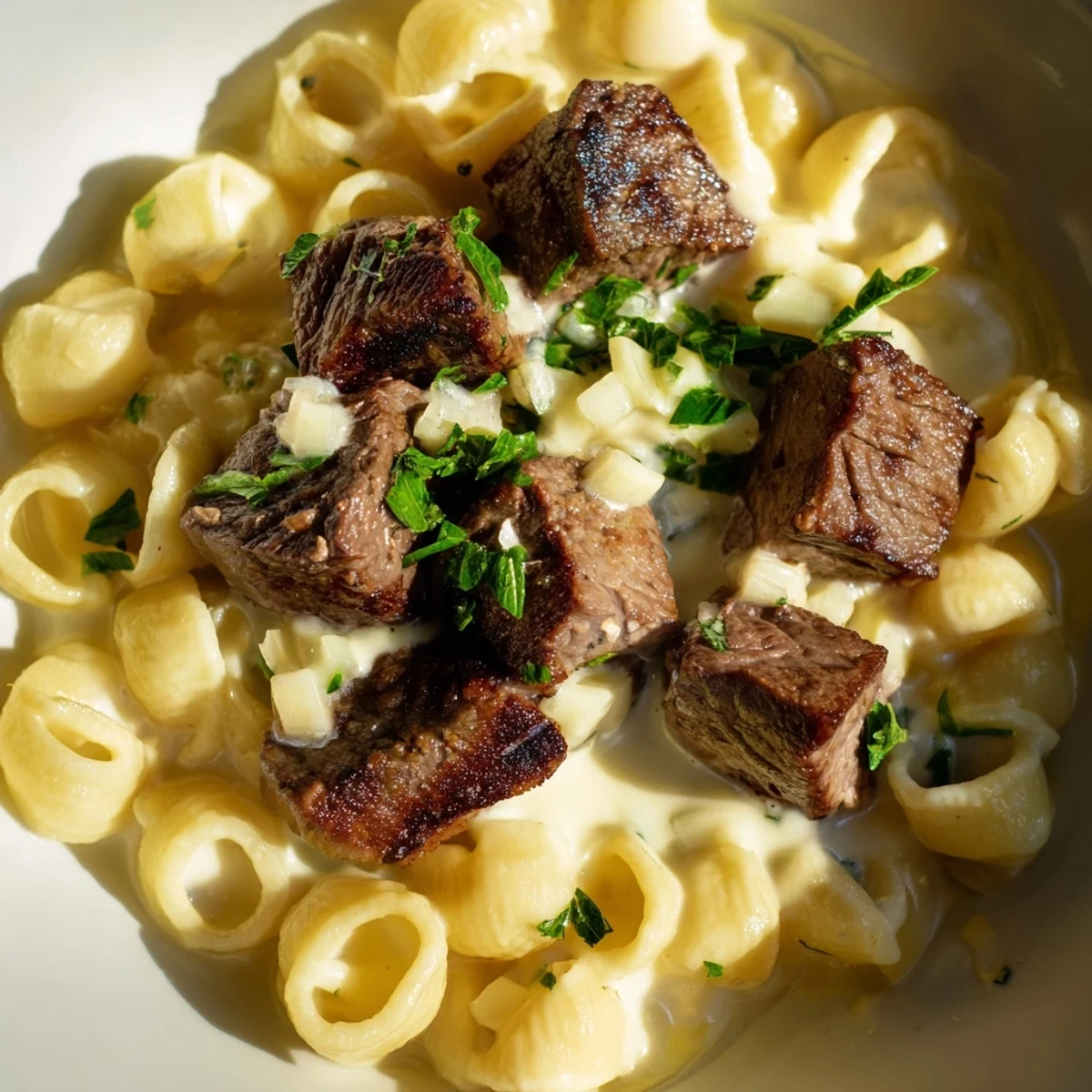 Delicious garlic butter steak bites with cheesy shells, a complete meal suggestion for dinner tonight.