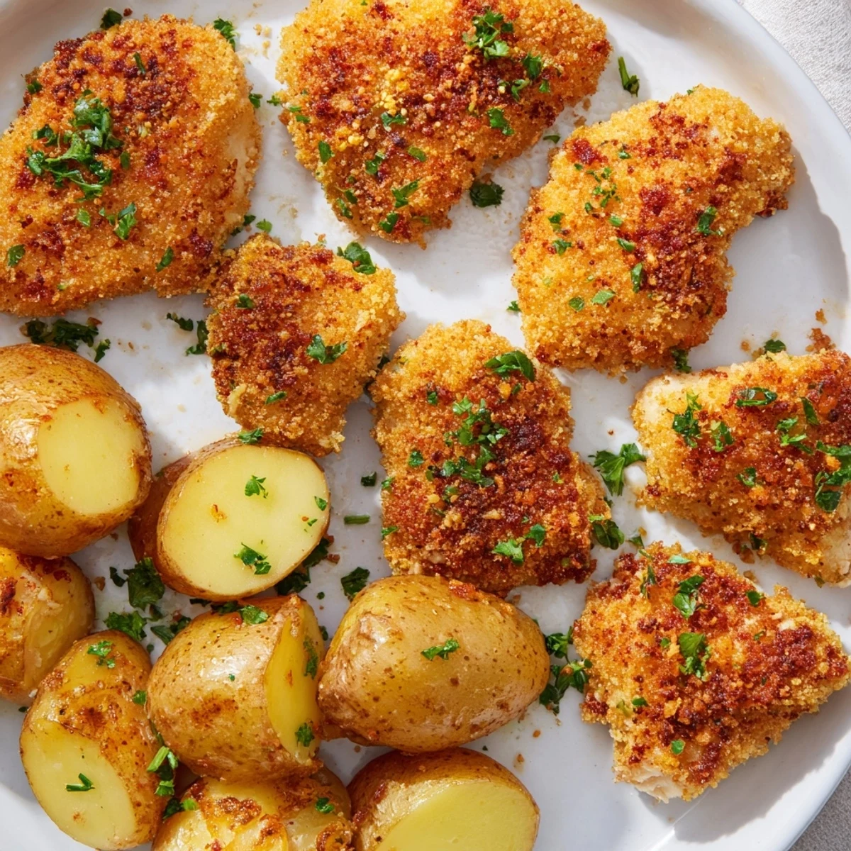 Golden, crispy Parmesan crusted chicken & potatoes, ready for a delicious and satisfying family dinner.