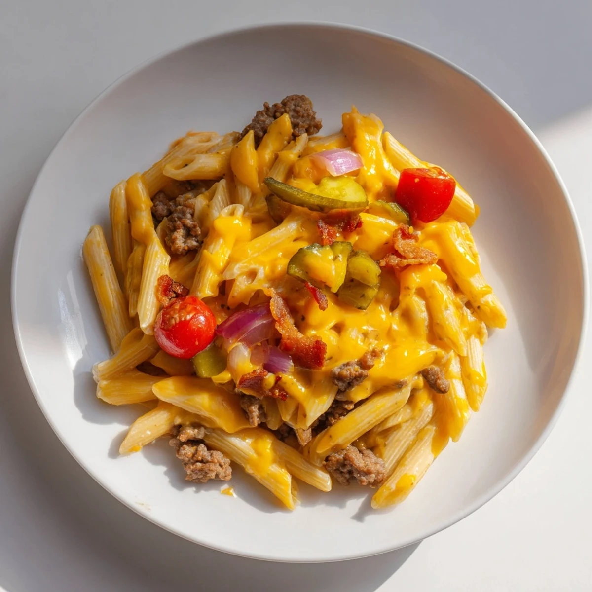 Bacon Cheeseburger Pasta Bake bubbling hot from the oven, with melted cheese and crispy bacon topping.