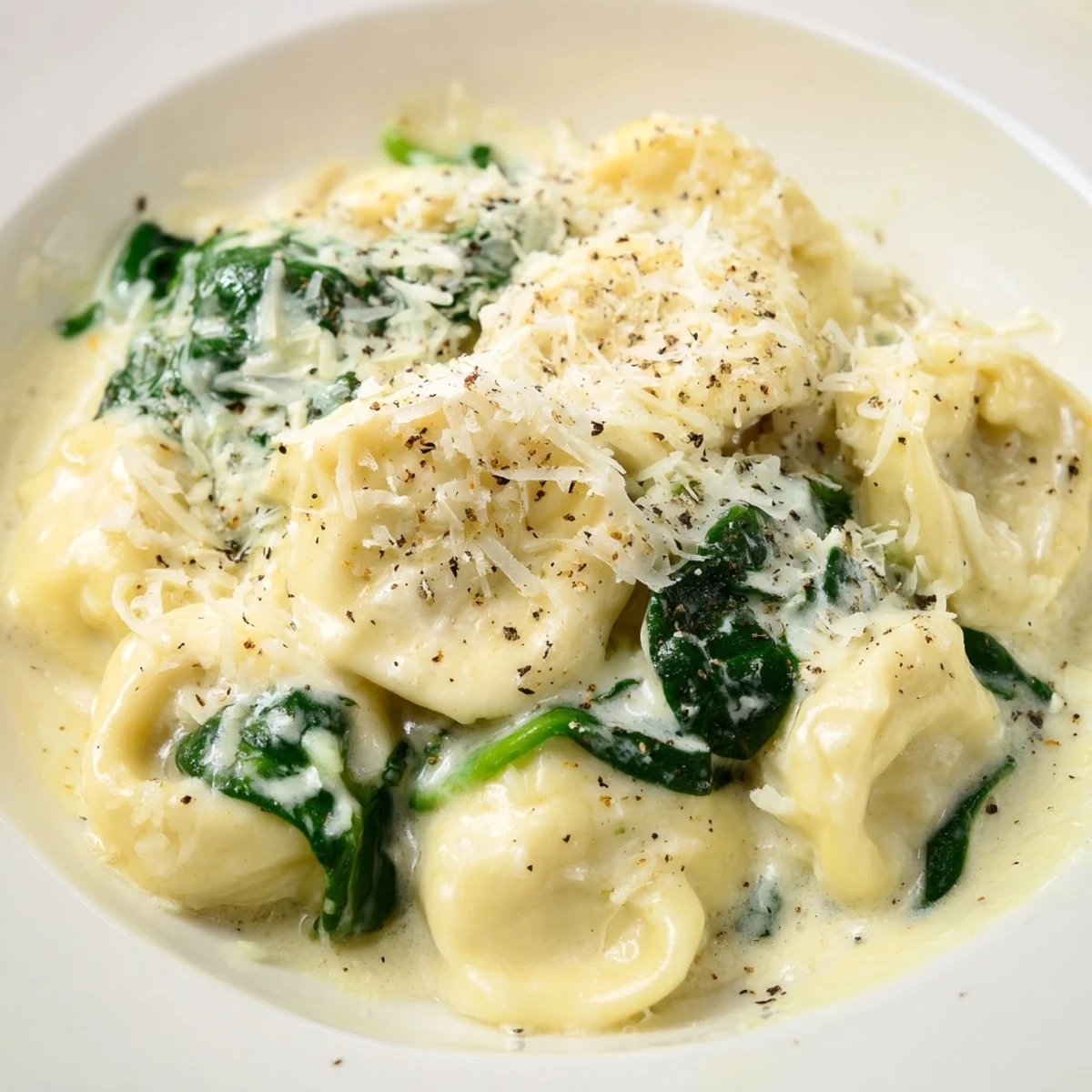 Imagine this delightful Creamy Spinach Alfredo Tortellini, a satisfying vegetarian pasta meal with fresh spinach.