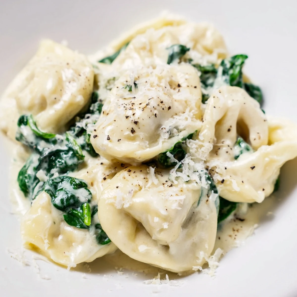 Creamy spinach Alfredo tortellini, a comforting Italian-American pasta dish, served hot and delicious.