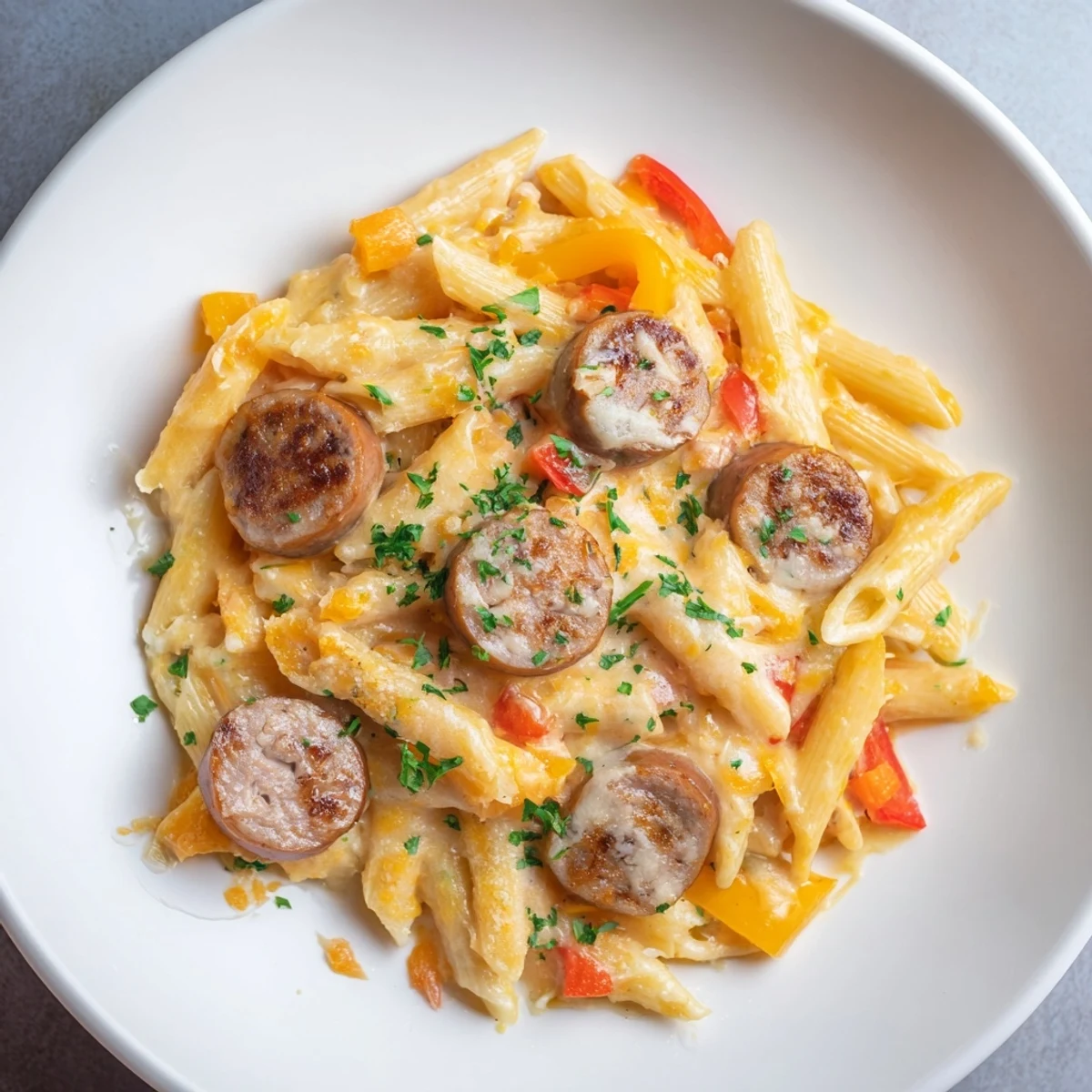 Golden, bubbly Smoked Sausage & Cheddar Pasta Bake fresh from the oven, ready to serve and enjoy.