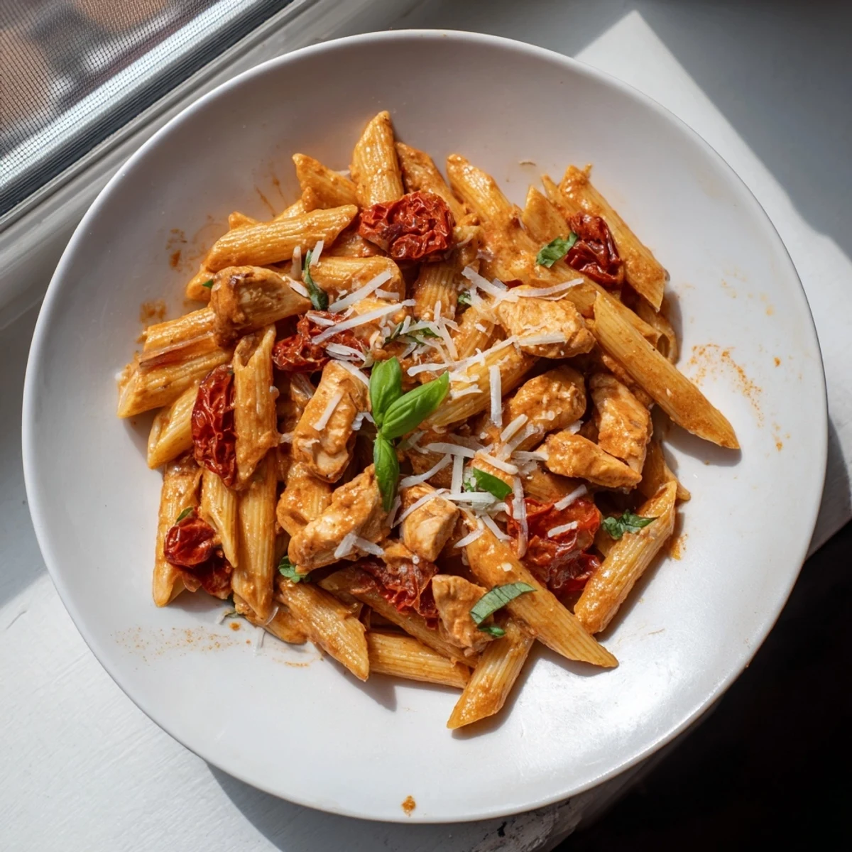 This Creamy Tomato Basil Chicken Pasta showcases tender chicken pieces nestled in a vibrant, flavorful tomato sauce.