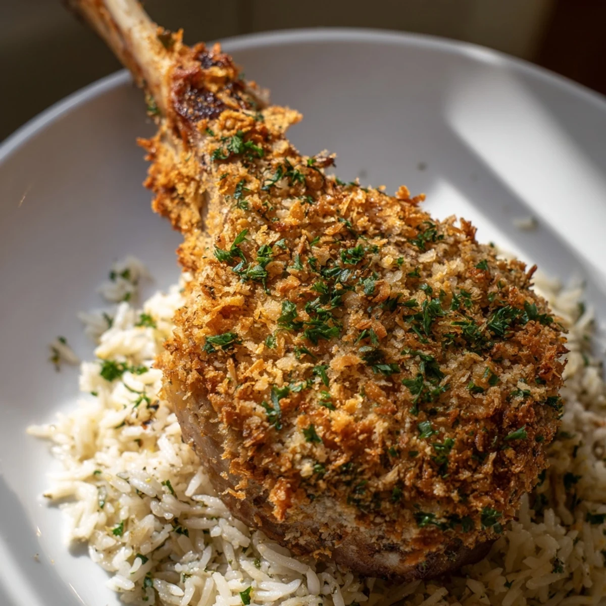 Golden-crusted Parmesan Herb Pork Chops served alongside fluffy, herb-infused rice, a simple dinner.