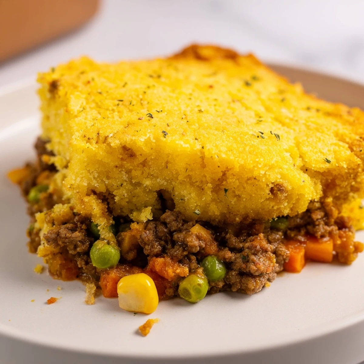 Cornbread Crusted Beef Pie, a savory meat filling covered by a golden, airy cornbread top.