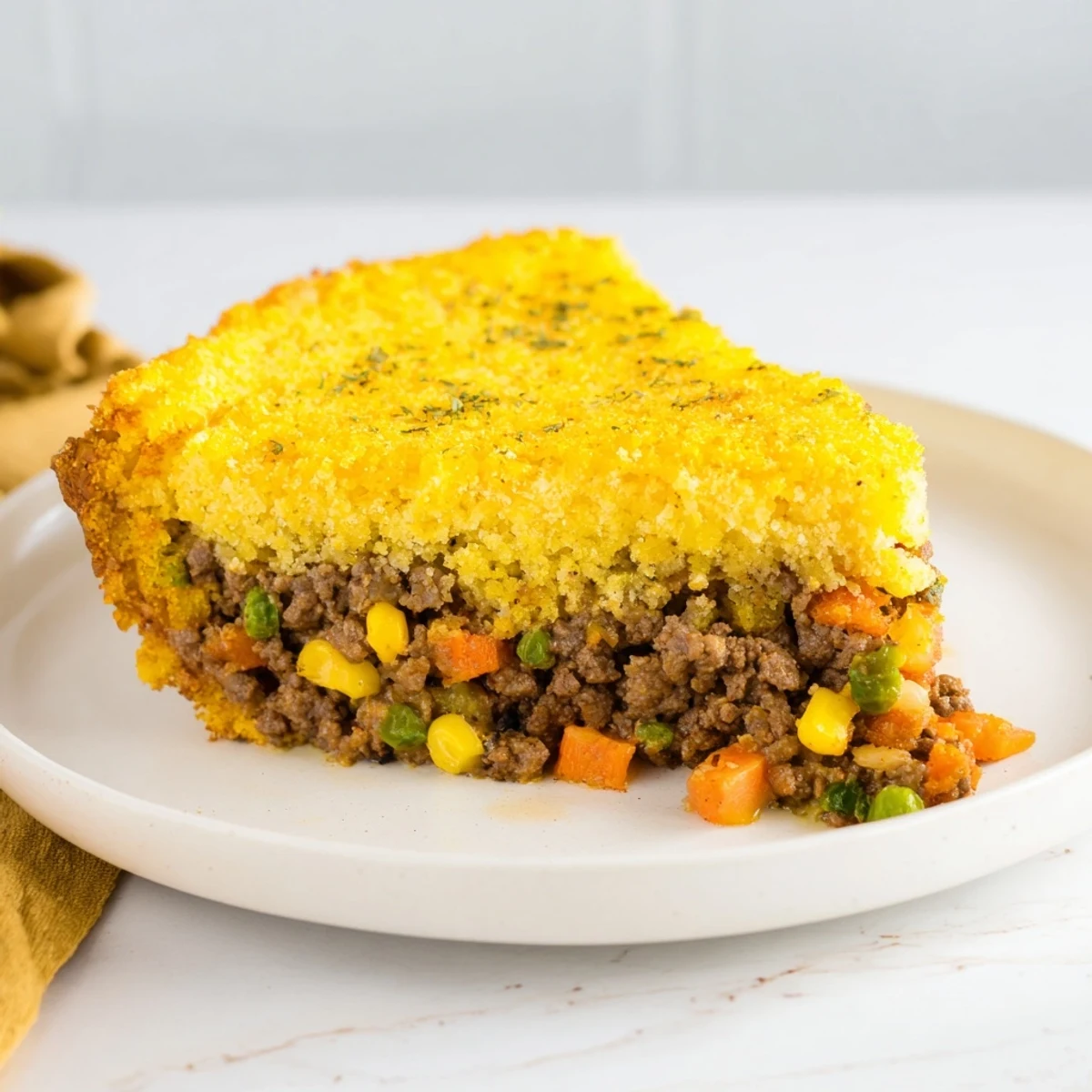 A steaming slice of Cornbread Crusted Beef Pie, a perfect comfort food meal for a family.
