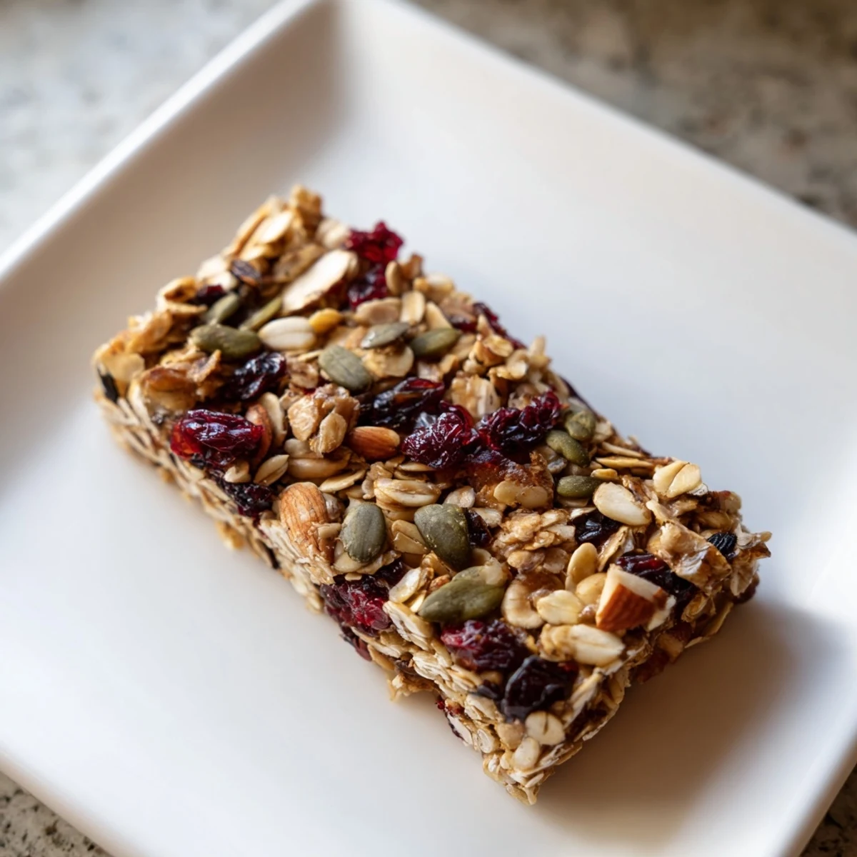 Golden, chewy Roasted Pumpkin Seed & Cranberry Granola Bars, perfect for a grab-and-go snack or breakfast.