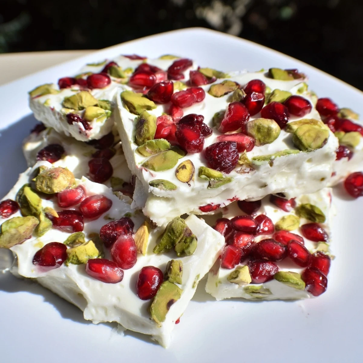 Creamy frozen yogurt bark showcases pomegranate seeds and pistachios—a delightful frozen dessert to share.