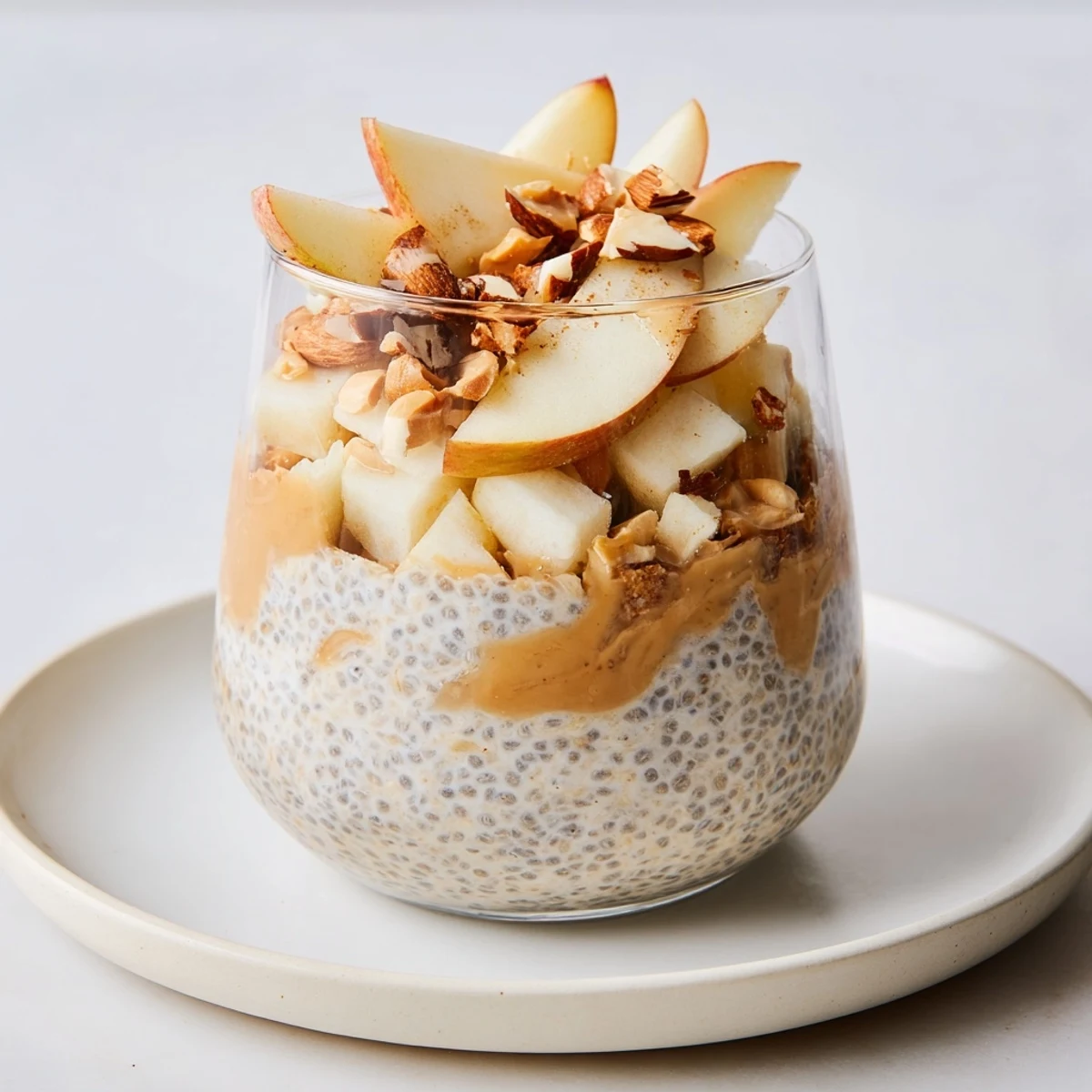 Fresh apple pieces topping a bowl of Apple-Chia Pudding, drizzled with peanut butter and maple syrup.