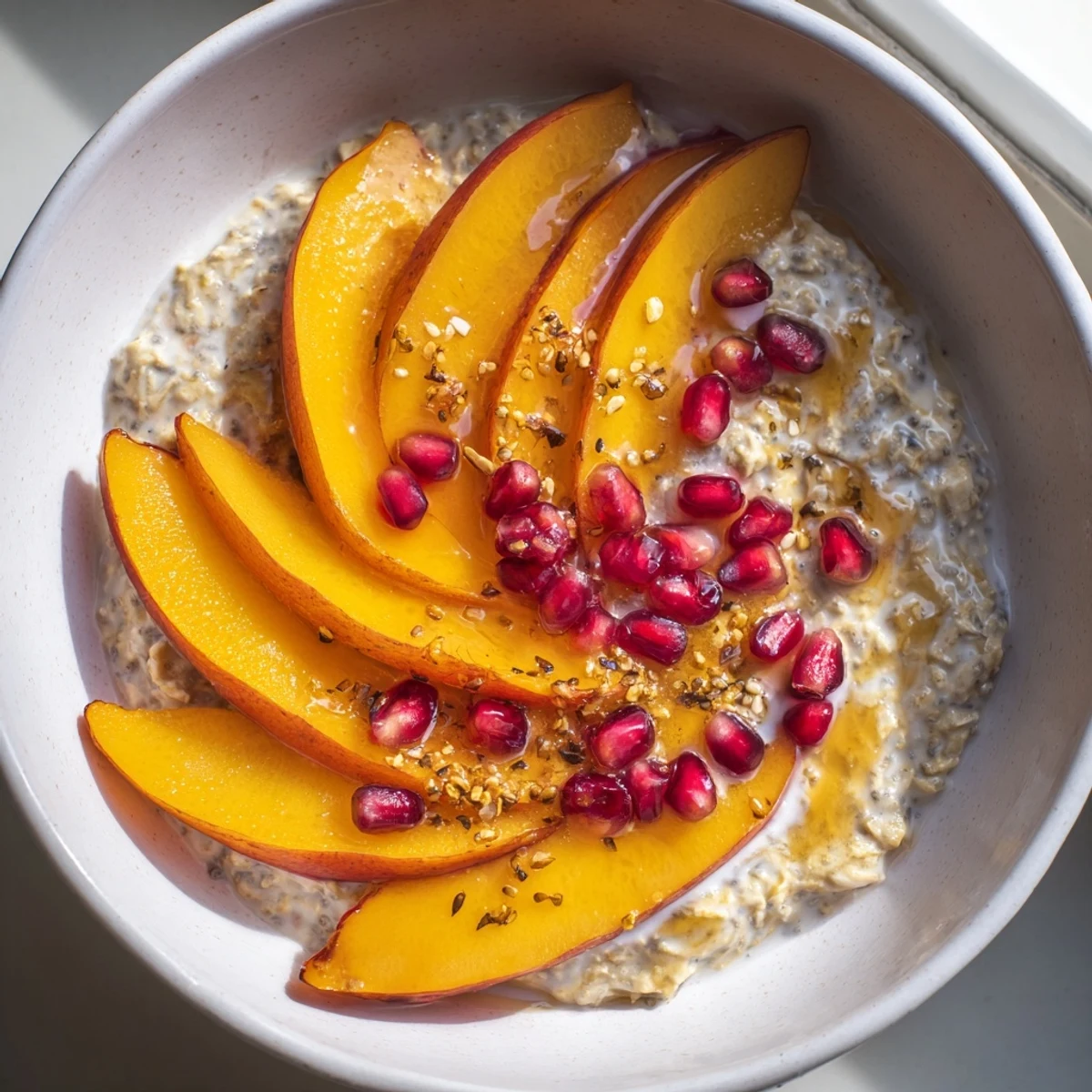 Enjoy a spoonful of delicious Overnight Oats with fresh persimmon and crunchy pomegranate seeds, so good.