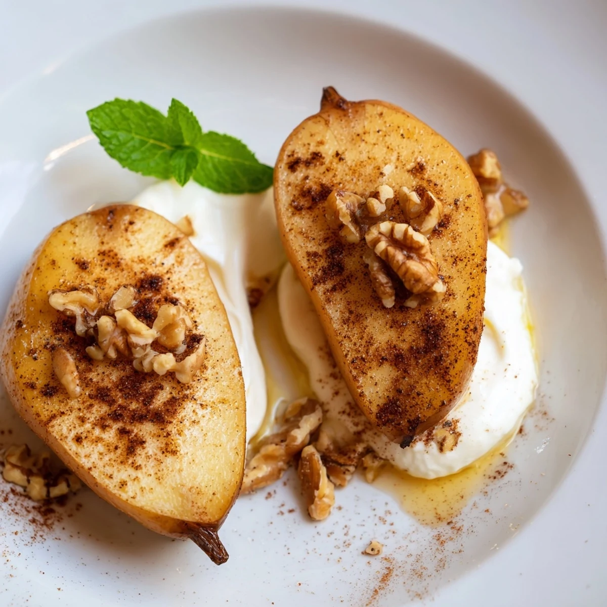 Roasted pears with cinnamon and walnuts, glistening with honey and served with cool Greek yogurt.