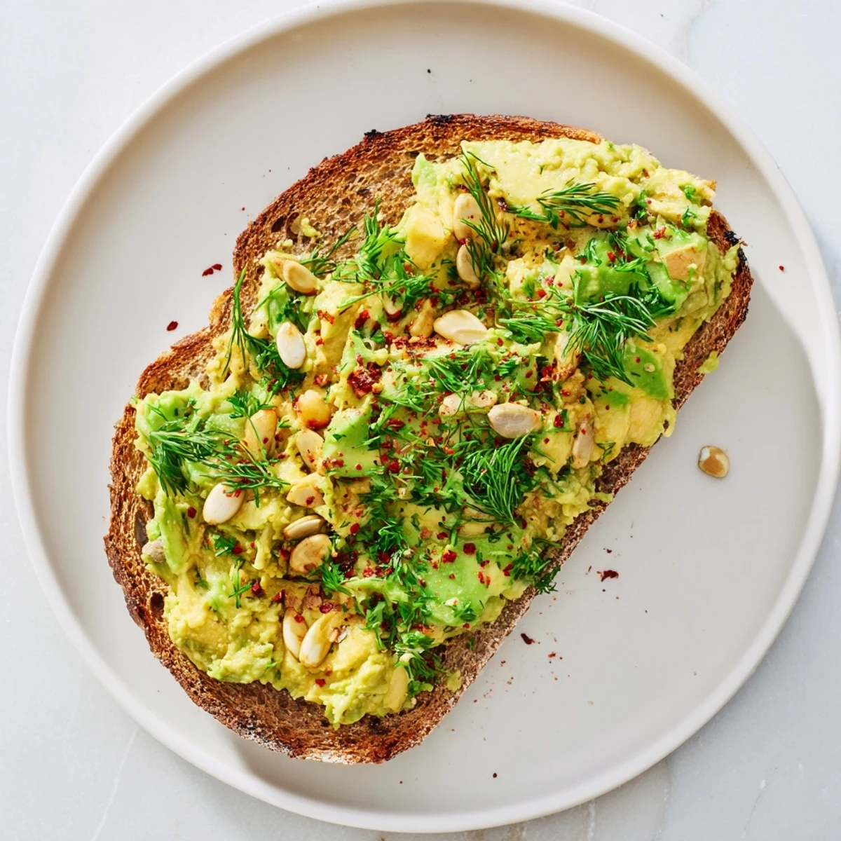 Golden-brown toasted bread crowned with creamy avocado toast, savory chickpeas, and fresh herbs.
