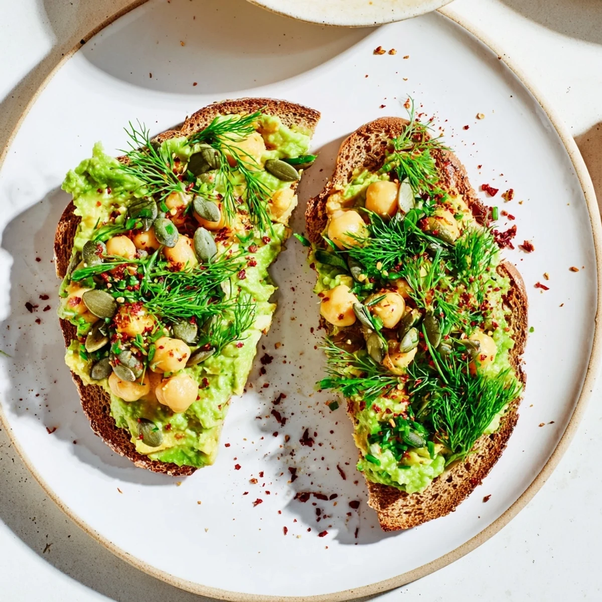 Vibrant avocado toast featuring a layer of mashed avocado, flavorful chickpeas, and fresh green herbs.