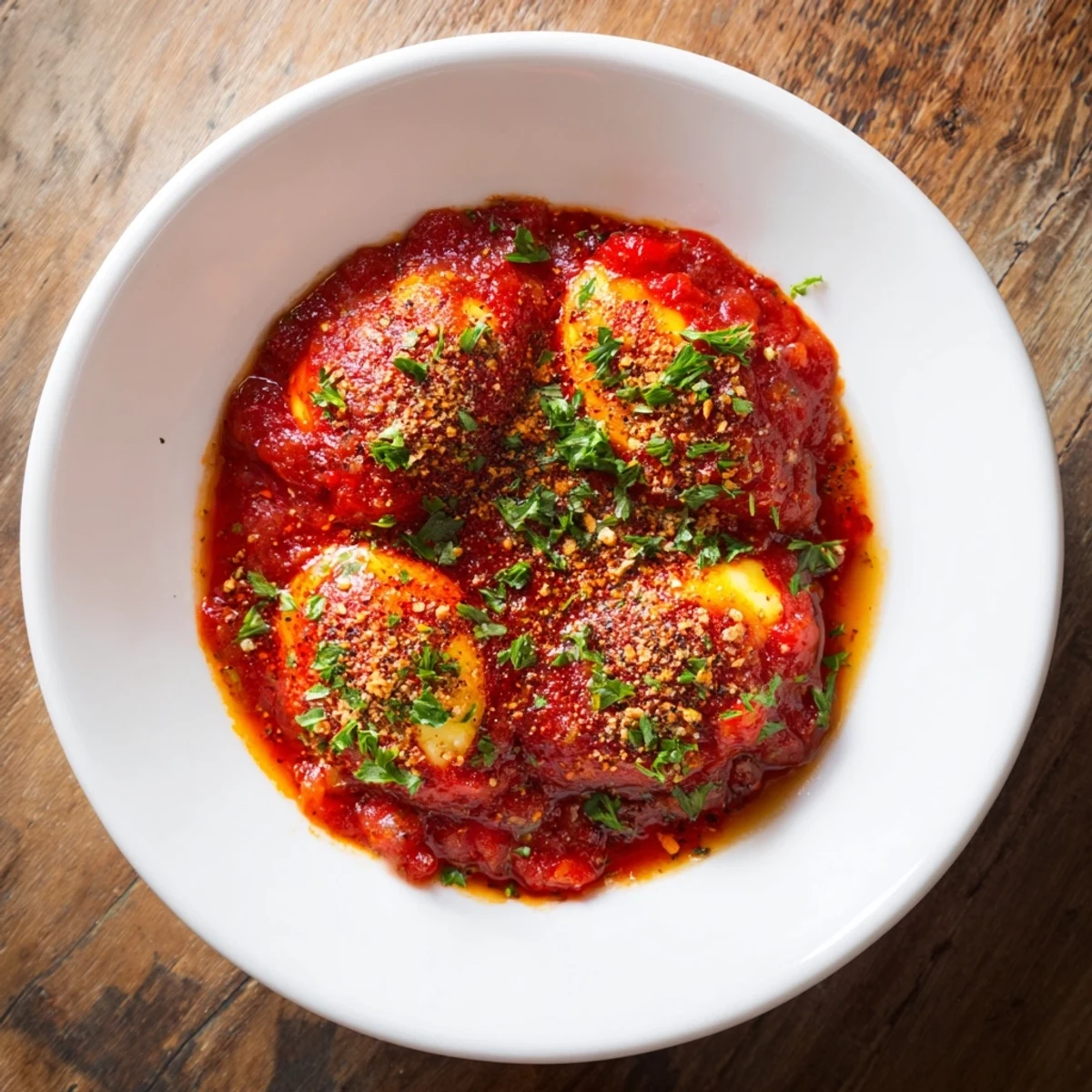 Rich, spiced tomato sauce with perfectly baked eggs, a delicious Savoury Baked Eggs in Tomato Sauce.