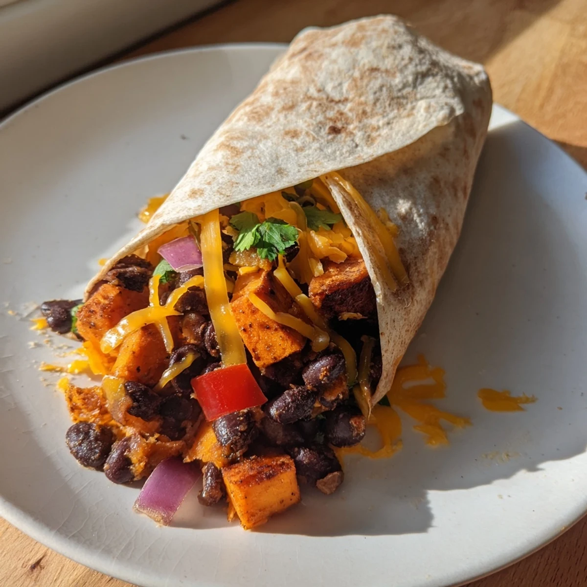 Warm, golden Sweet Potato & Black Bean Breakfast Burrito, perfectly wrapped and ready to enjoy for breakfast.