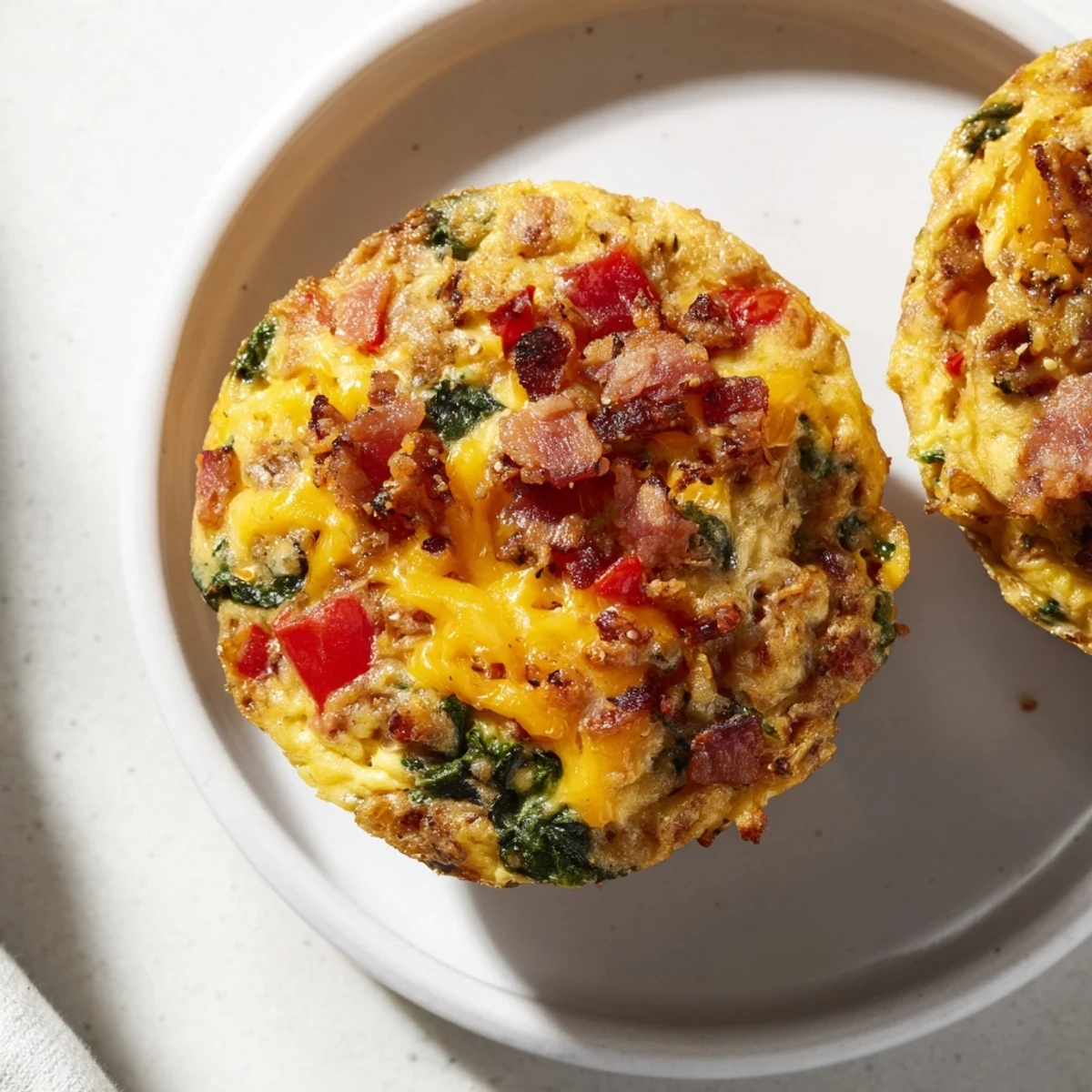 Fluffy One-Pot Breakfast Casserole Muffins, golden brown with visible cheese and colorful veggies.
