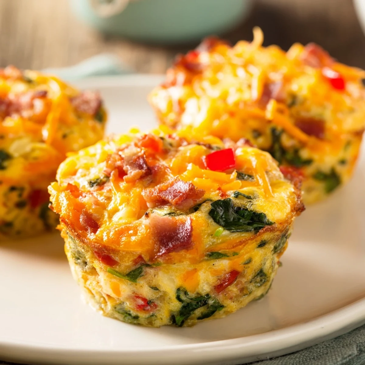 Golden-topped One-Pot Breakfast Casserole Muffins, delicious portable breakfast with visible crumbled bacon.