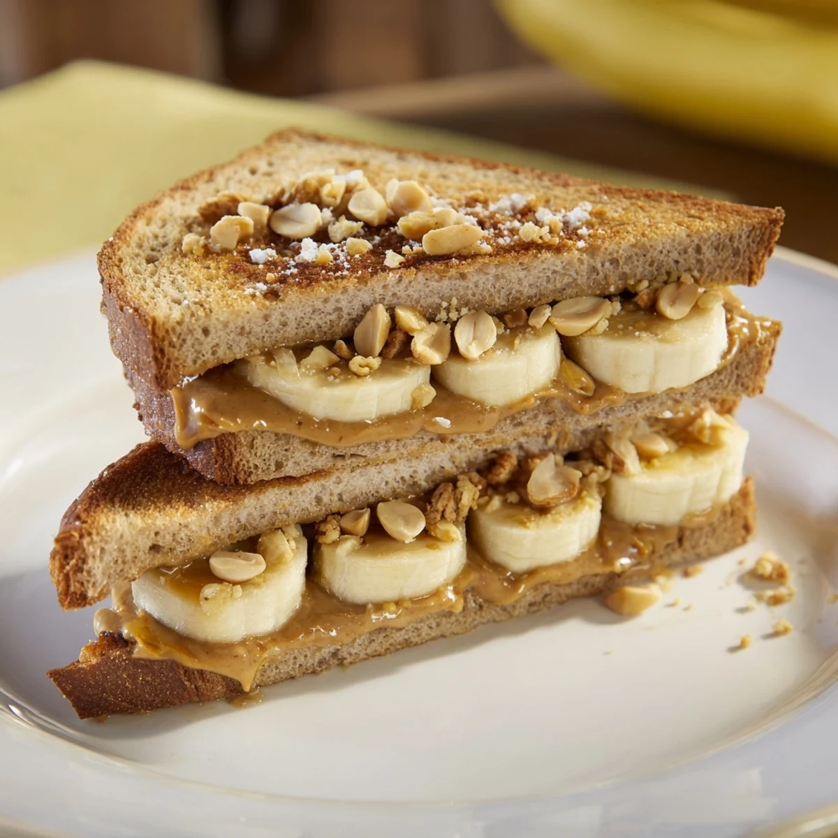A beautifully arranged peanut butter & banana sandwich upgrade, showcasing textured toppings and freshly sliced bananas.