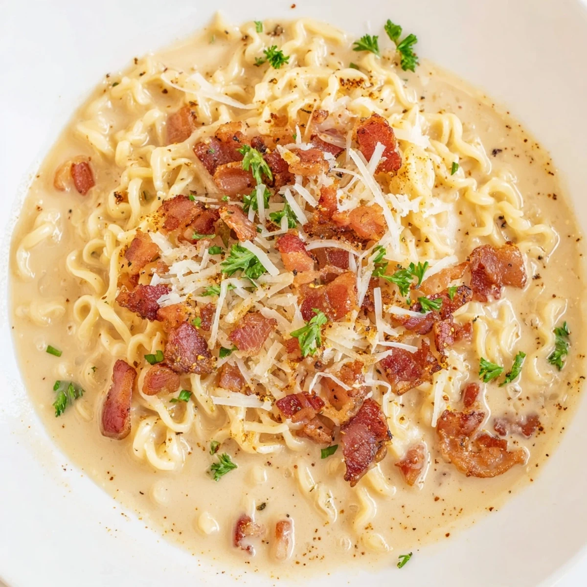 Creamy Instant Pot Carbonara Ramen Hack, topped with crispy bacon and fresh parsley for serving.
