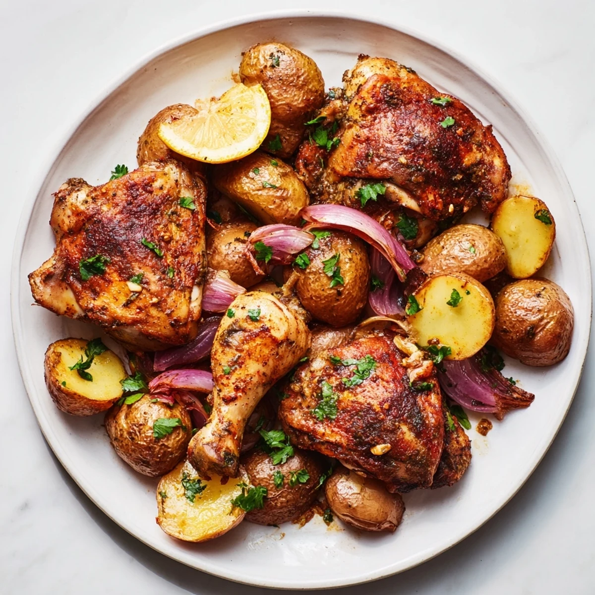 Sheet Pan Zaatar Chicken with crispy potatoes, golden chicken skin and delicious Middle Eastern flavors.
