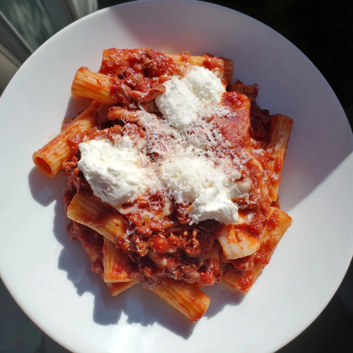 Golden, melted mozzarella and Parmesan cover this inviting Slow Cooker Baked Ziti, ready to be served.