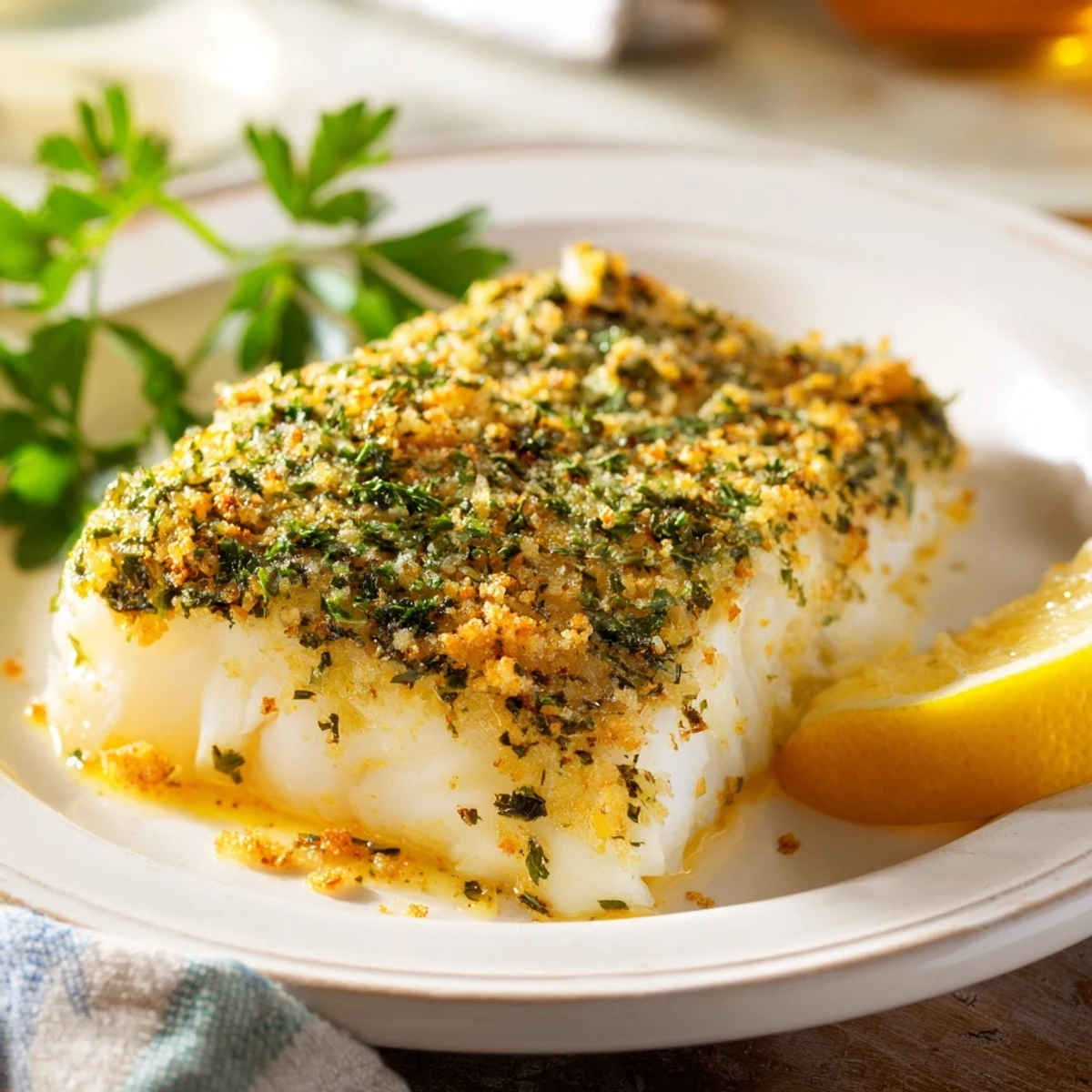 Golden-brown Baked Cod with Crispy Ritz Cracker Topping, served with fresh lemon wedges.