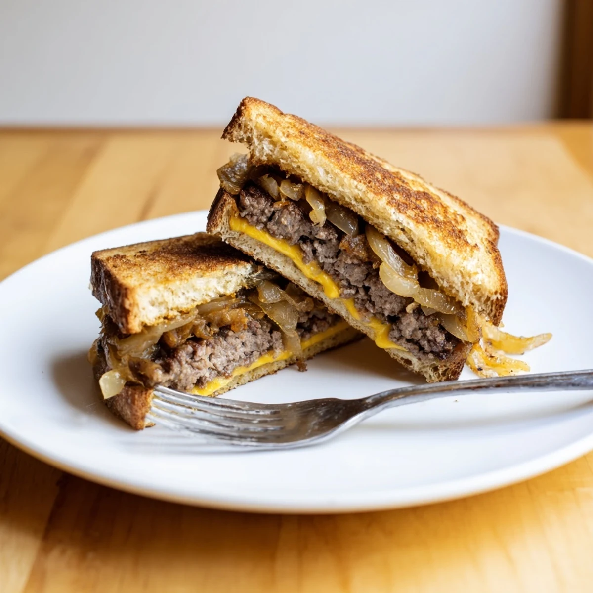 Golden, crispy Patty Melt Skillet with melted Swiss cheese, savory beef patties, and caramelized onions.