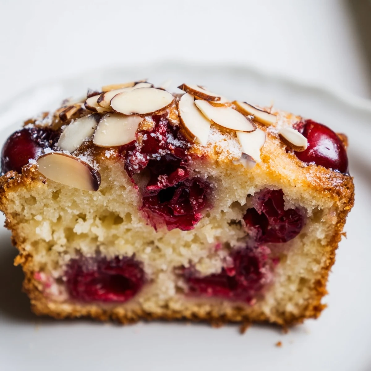 A beautifully browned Cherry Almond Loaf Cake, ready to be sliced, perfect for dessert.