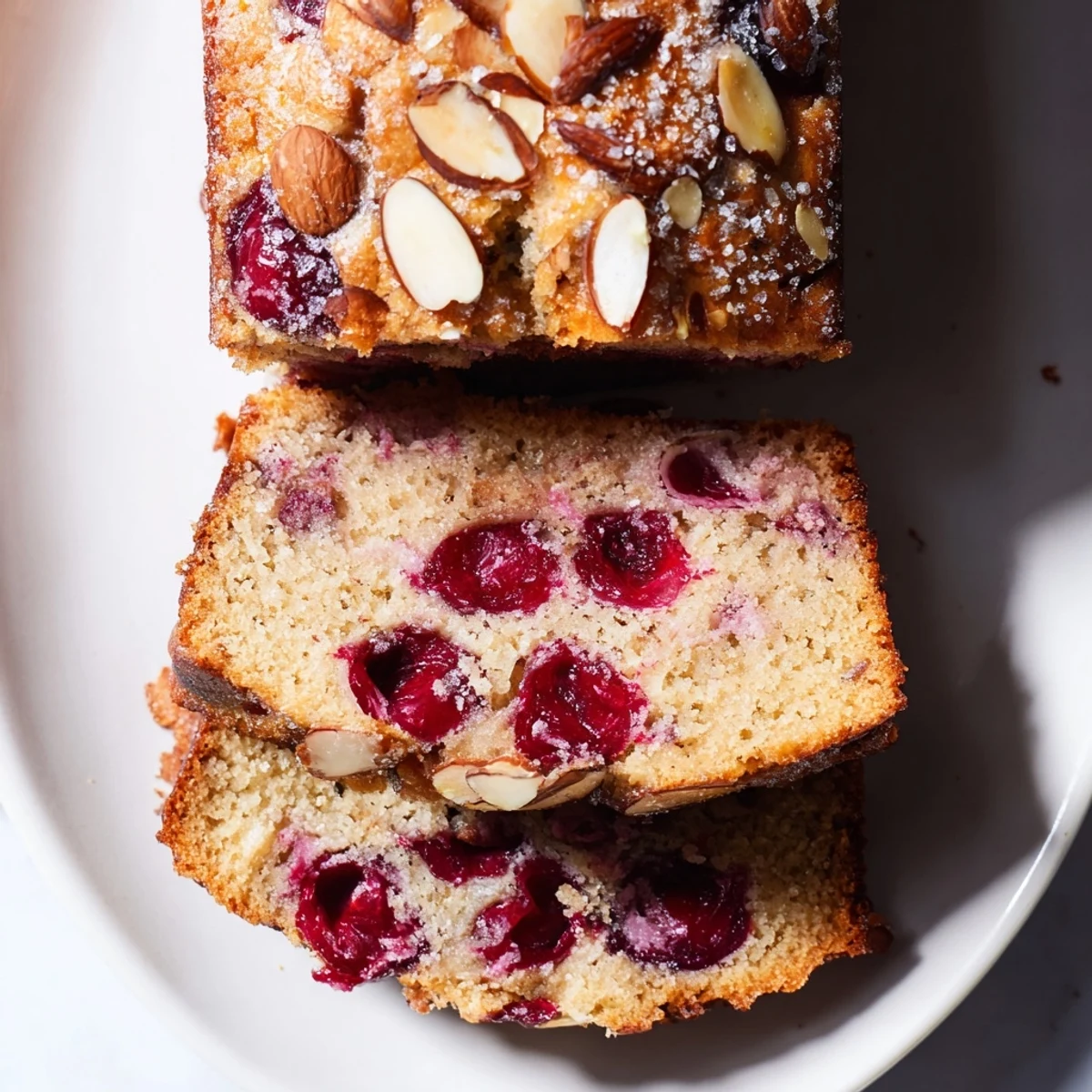 Freshly baked Cherry Almond Loaf Cake shown, with a dusting of coarse sugar, ideal for serving.