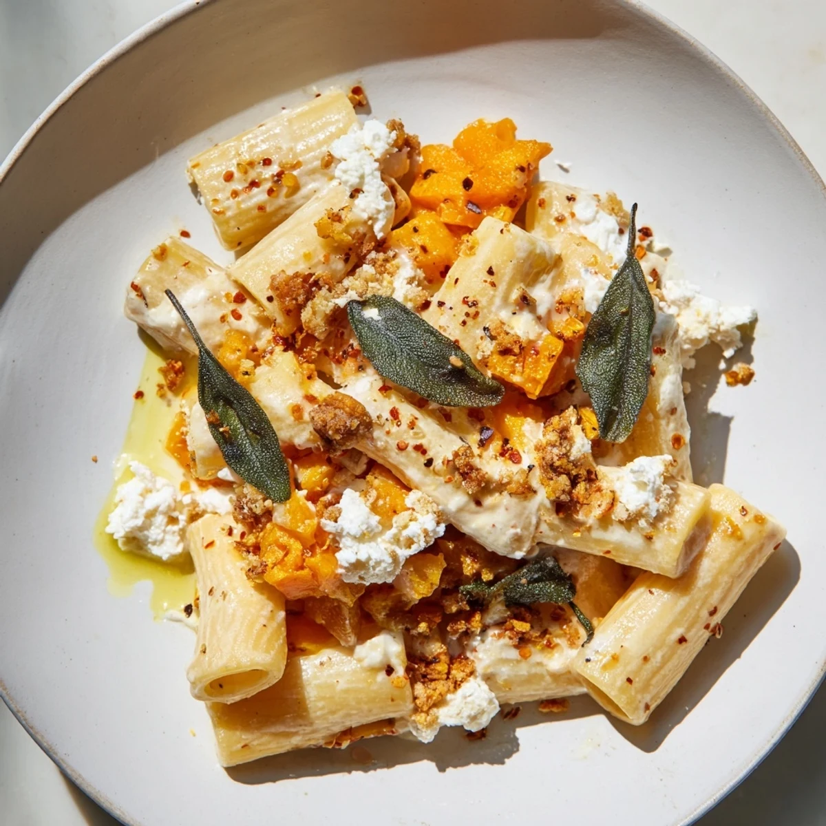 Flavorful Viral Sweet Potato Goat Cheese Sage pasta featuring creamy sauce and crispy sage topping.