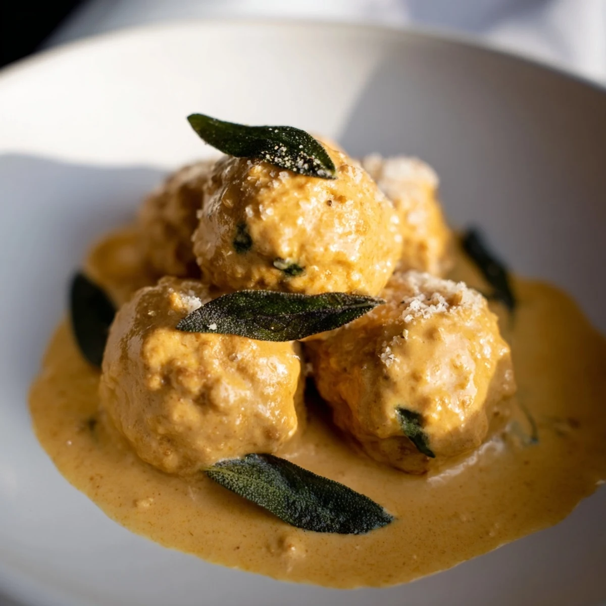 Golden brown Easy Turkey Meatballs in Pumpkin Sage Sauce simmering in a creamy, flavorful sauce, ready to eat.