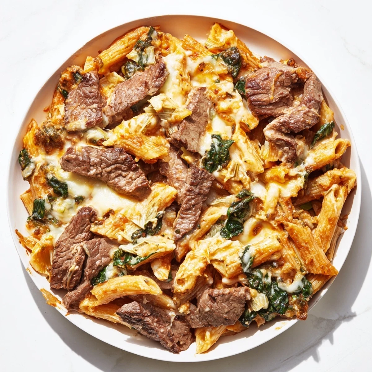 A close-up of Steak & Spinach Artichoke Pasta Bake; cheese bubbly, a hearty, comforting main course.