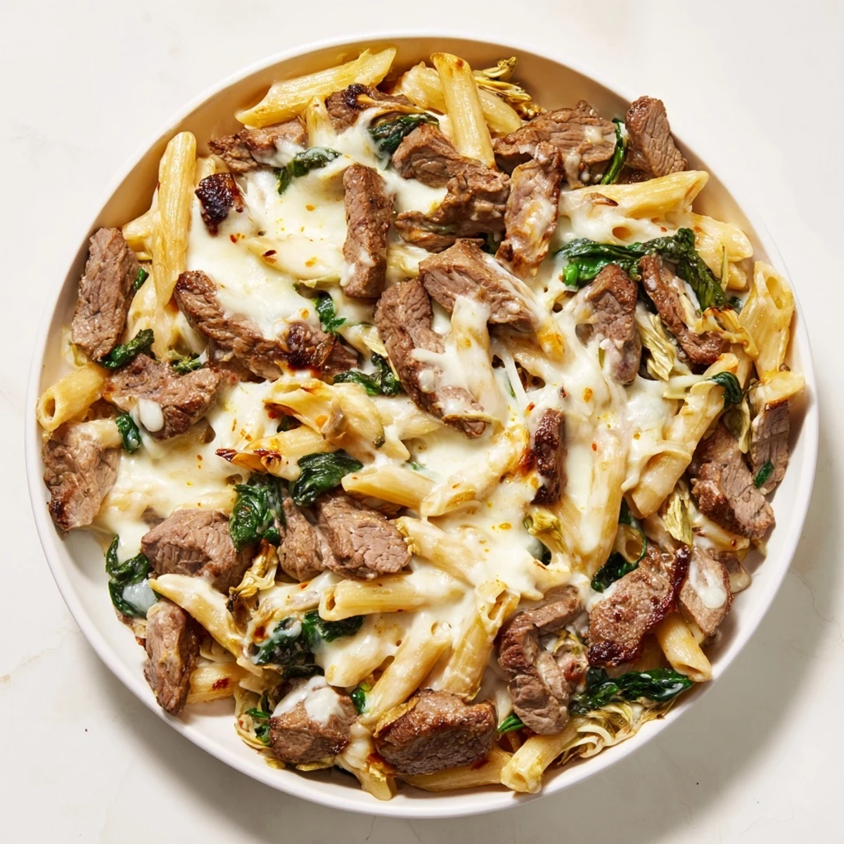 Golden-brown mozzarella melting over a delicious Steak & Spinach Artichoke Pasta Bake, ready to serve and savor.