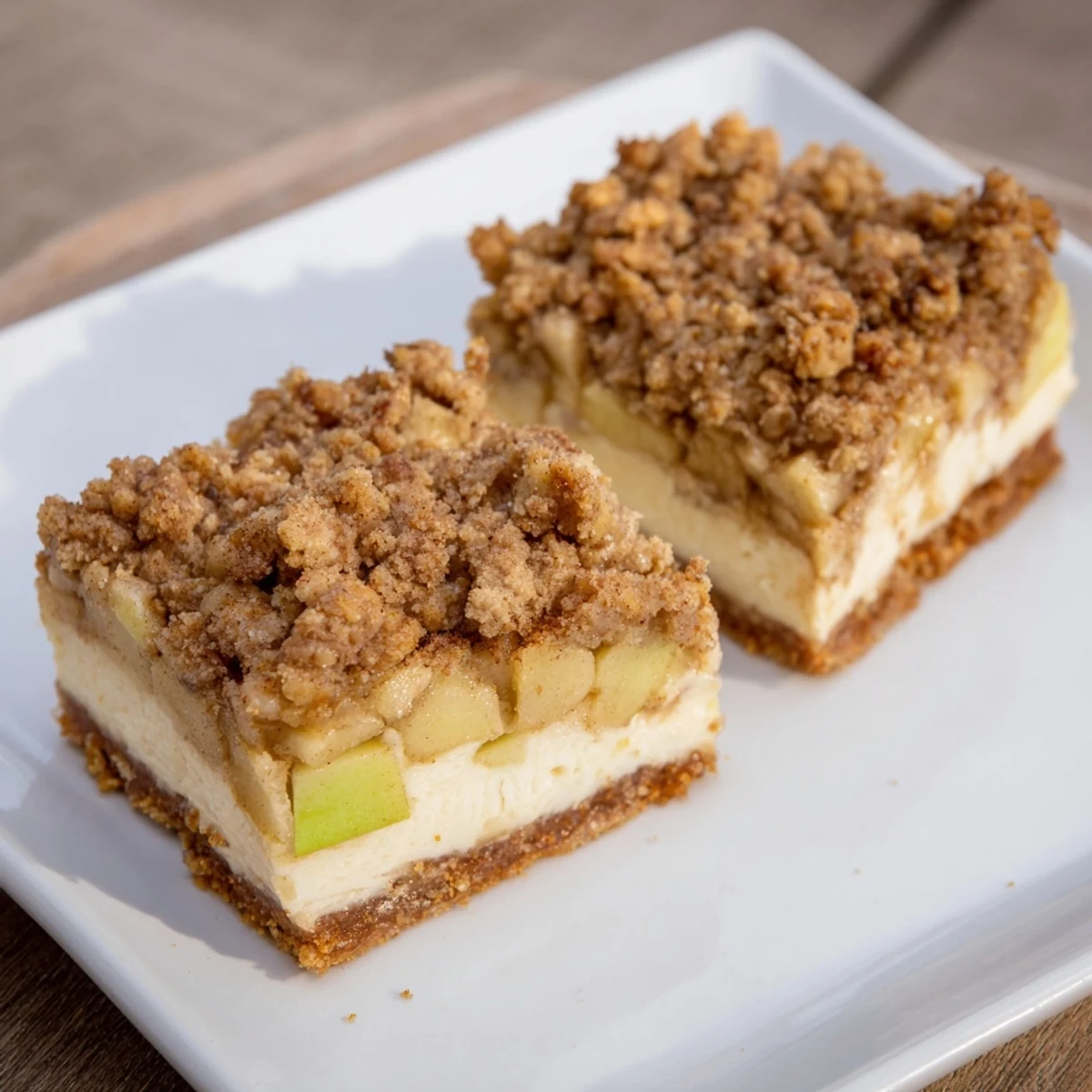 Warm cinnamon and apple scents emanate from these delicious Apple Crisp Cheesecake Bars, fresh from the oven.