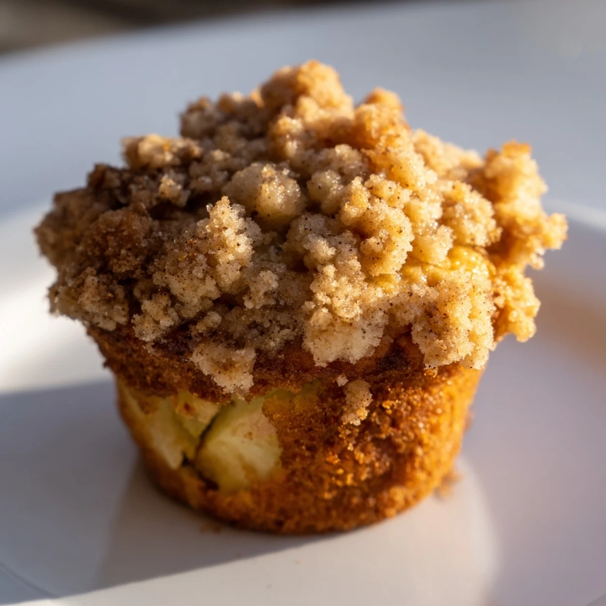 Golden-brown tasty apple muffins with a sweet crumb topping, perfect for an afternoon treat.