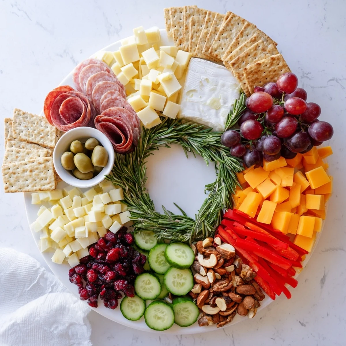 Vibrant Simplified Grazing Board Wreath, overflowing with colorful cheeses, meats, and fresh produce.