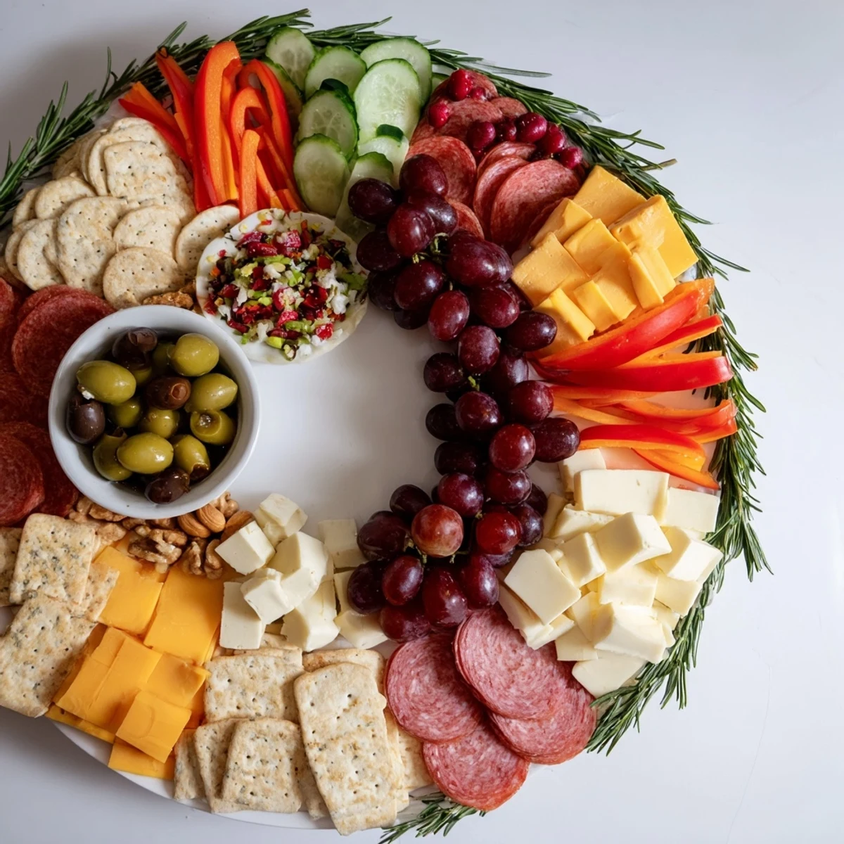 Festive Simplified Grazing Board Wreath, a beautiful appetizer wreath perfect for holiday gatherings.