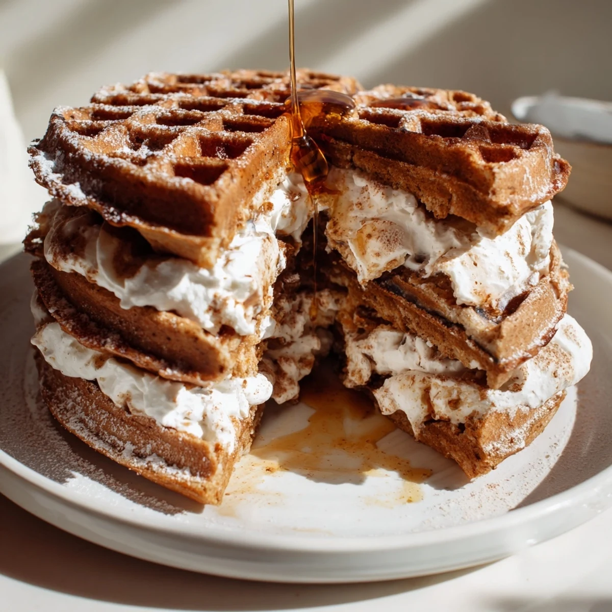 Fluffy Express Gingerbread Waffle Stacks drizzled with maple syrup show off a festive, delicious holiday breakfast.