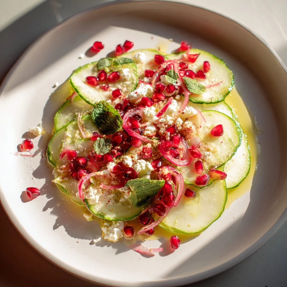 This beautifully assembled Healthy Cucumber Christmas Salad features red bell pepper and a bright lemon vinaigrette.