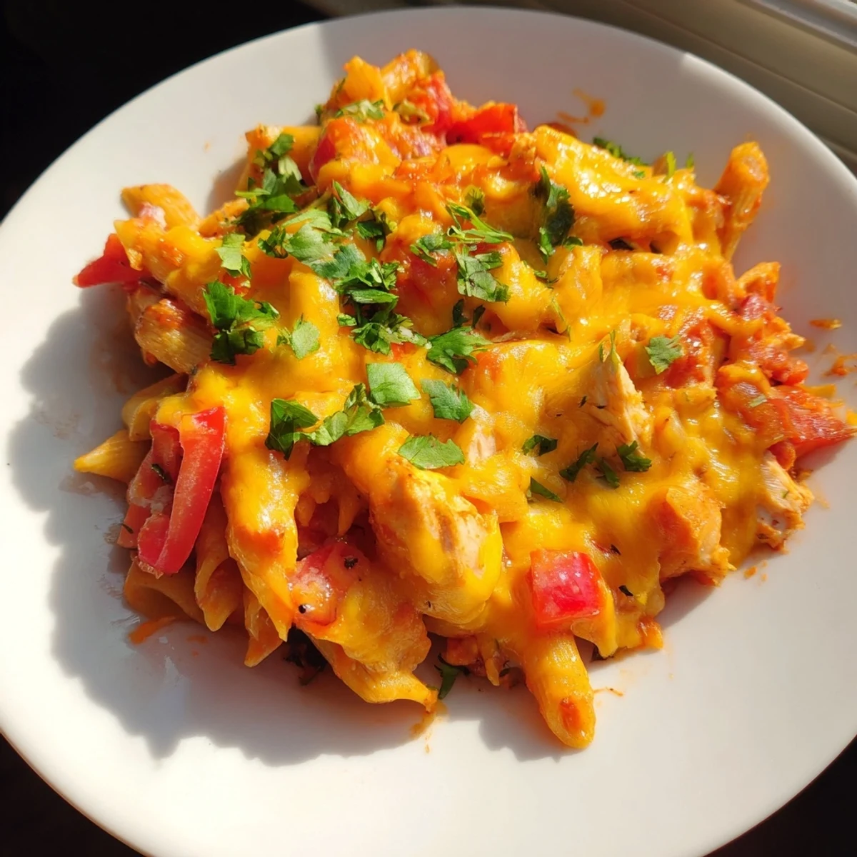 A close-up of Baked Salsa Chicken Pasta, showing melted cheese and tender chicken pieces.